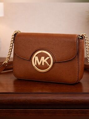 Michael Kors Fulton Brown Pebbled Leather Crossbody Bag Gold MK Logo